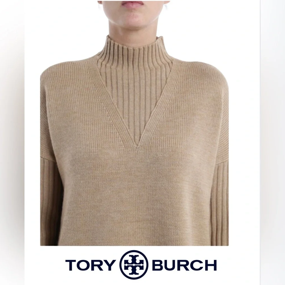 Tory Burch - Mock Neck Merino Wool Oversized Tan Sweater- Size Medium - Picture 5 of 9